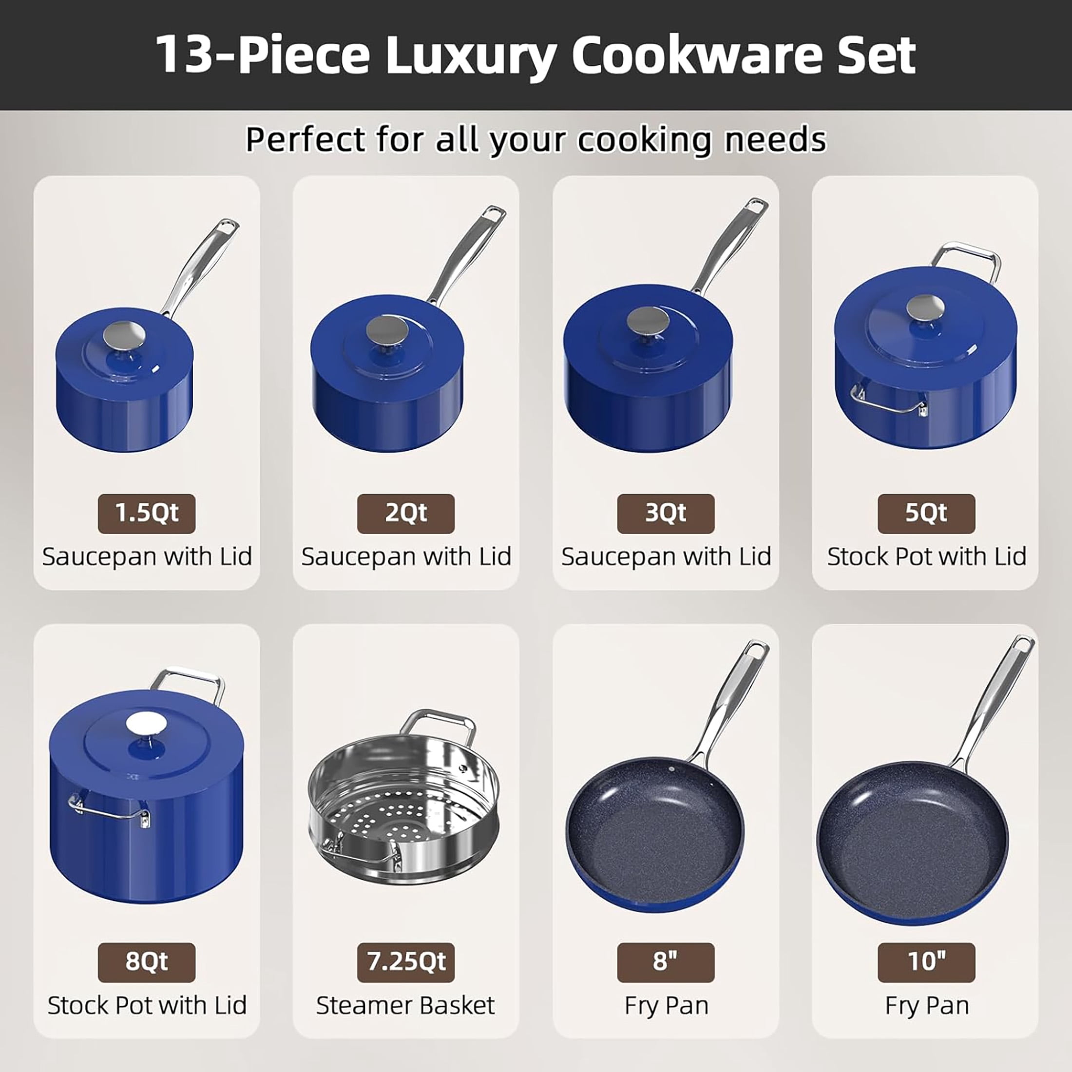 Nuwave 13pc Lux Pots and Pans Set, Healthy G10 Duralon Ceramic Coating Forged Lightweight Ultra Nonstick Cookware Set, Stay-Cool Handles, Works on All Cooktops & Oven, Blueberry
