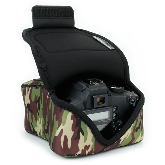USA GEAR DSLR Camera Case/SLR Camera Sleeve (Camo Green) with Neoprene Protection, Holster Belt Loop and Accessory Storage