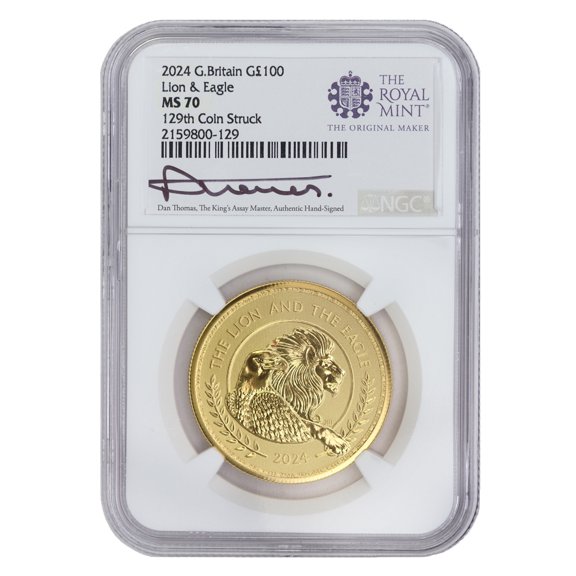 Great Britain 2024 £100 Gold Lion & Eagle Coin NGC MS70 129th Coin Struck Thomas Label