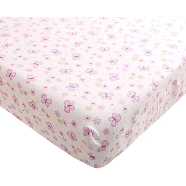 Sweet Baba 4 Piece Cotton Butterfly Crib Bedding Set,Pink Crib Set for Baby Girls,Microfiber Printed Nursery Set Including Comforter/Skirt/2 Crib Sheets