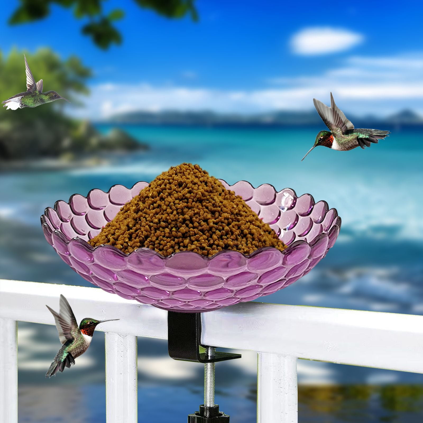 NIUBWJL Deck Mounted Bird Bath with Adjustable Clamp, Unheated Detachable Bird Bath Hummingbird Birdbath Bowl Balcony Fence Decor
