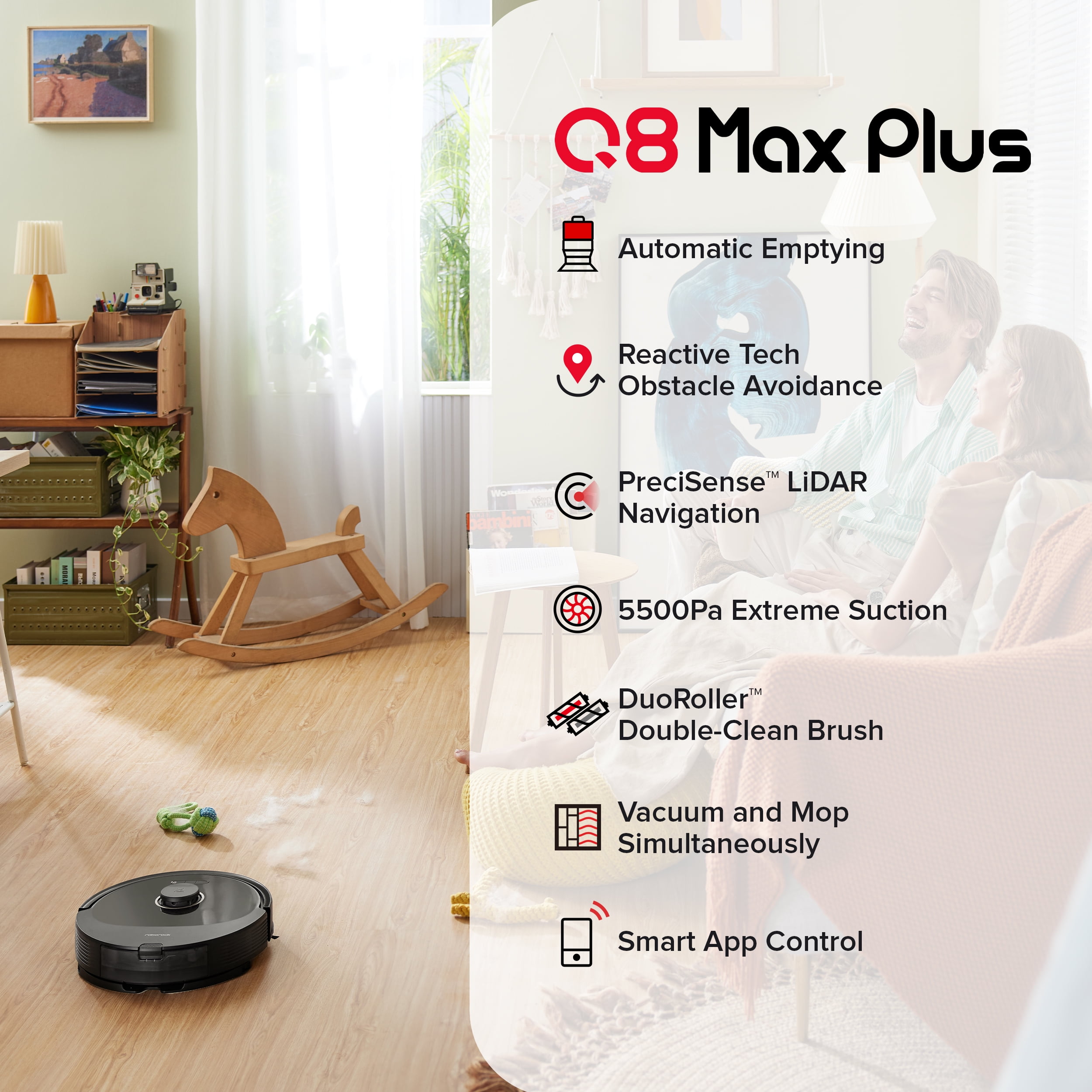 Roborock Q8 Max+ Robot Vacuum Cleaner with Auto Empty Dock, 5500Pa Suction,  DuoRoller Brush, LDS Navigation - Black 