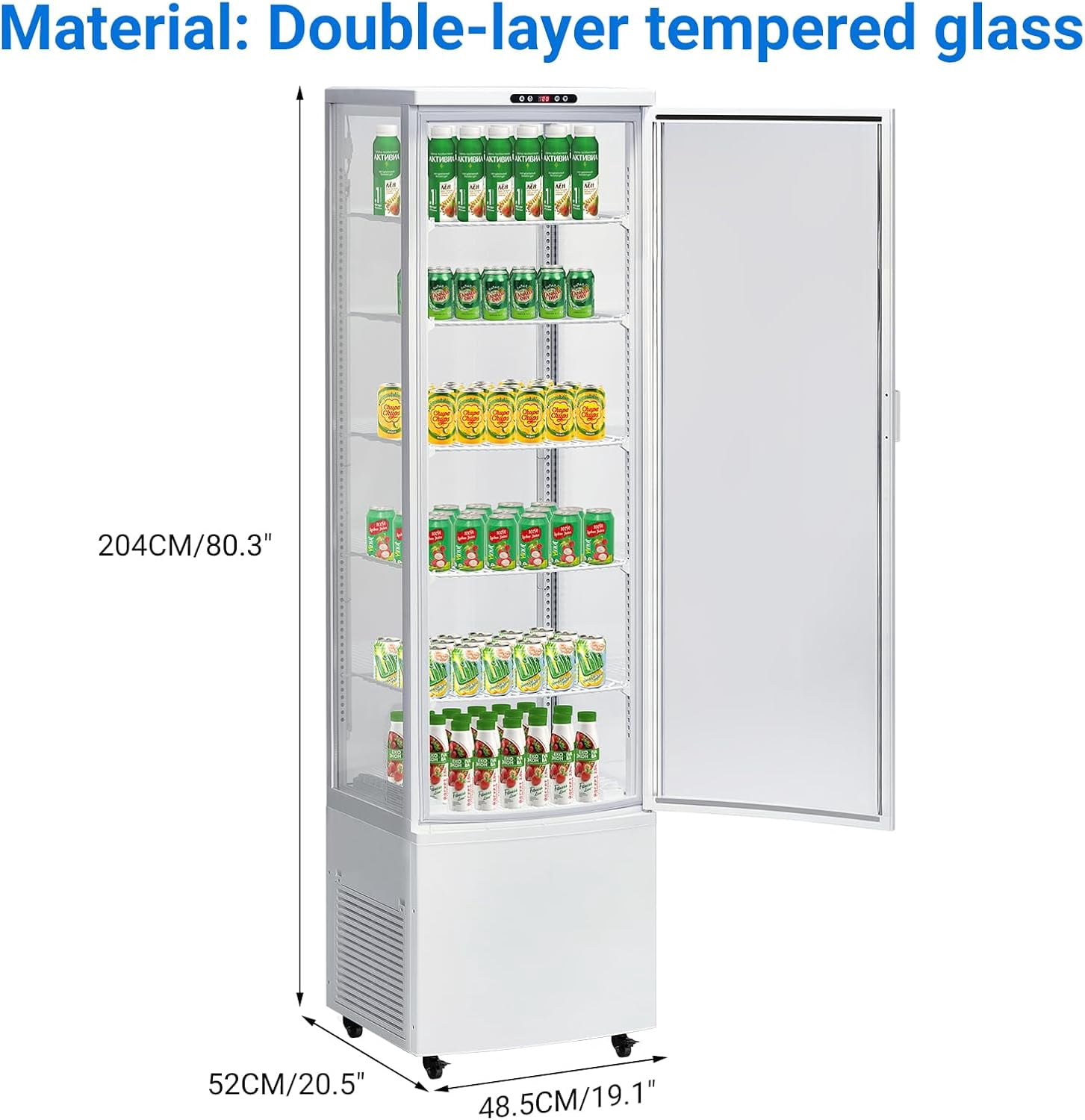 Homhougo Commercial Fridge Display Refrigerator, 10.9 Cubit Feet Beverage Cooler with Tempered Glass Door, Upright Merchandiser with 4 Castors, 5 Adjustable Shelves, Customizable Lightbox, 308L