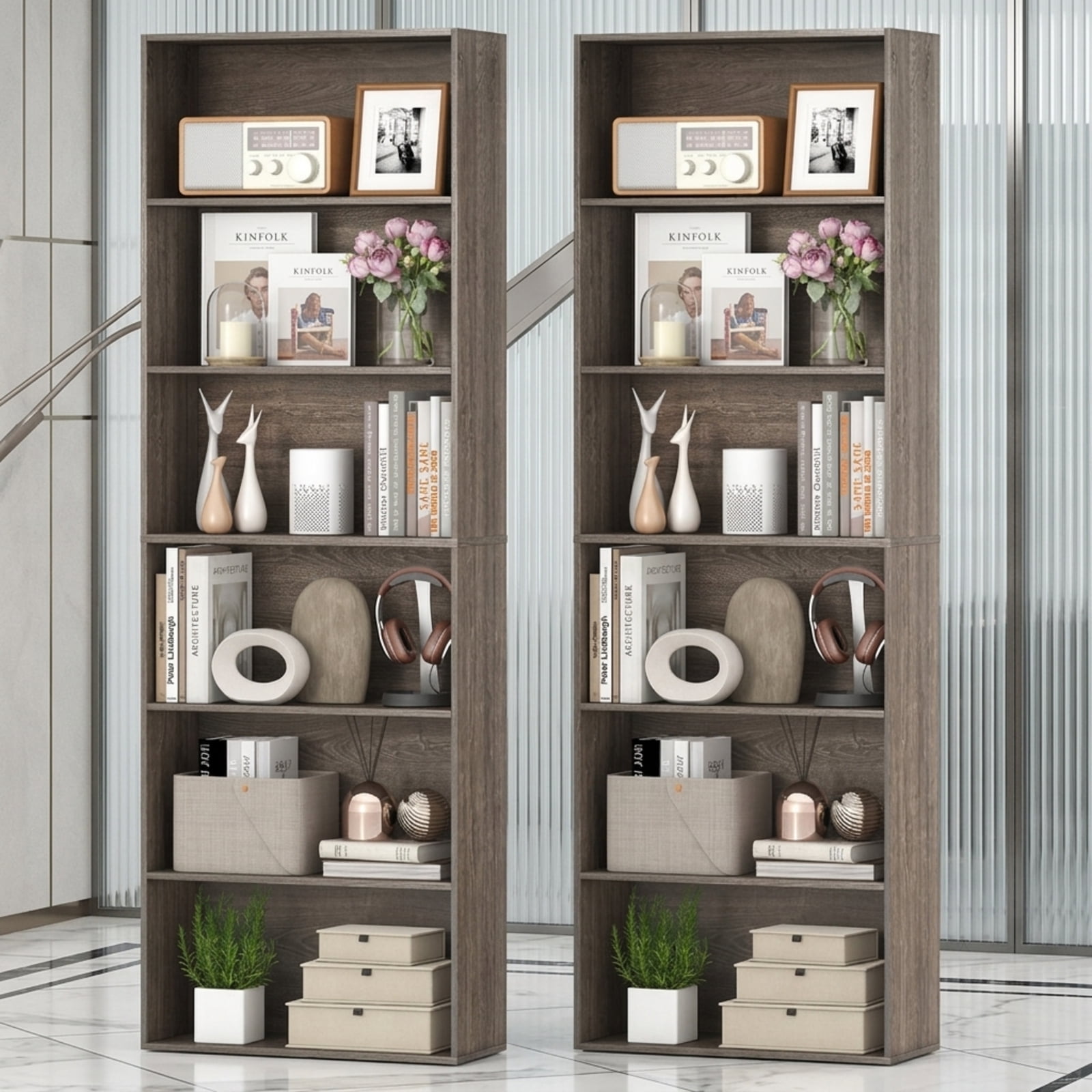 Furnibear 6-Tier Tall Bookcase with 6 Open Shelves and Anti-Toppling Kits Freestanding Wood Storage for Living Room Study and Office, Gray