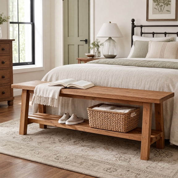 Fnova 55" Solid Wood Shoe Bench with Slatted Shelf, 2-Tier Farmhouse Entryway Bench for Hallway, Brown