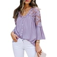 thumbnail image 3 of Sonducket Camisa de mujer con cuello en V Camisa de encaje Blusa en V Color sólido Botón de manga larga Top Prendas para la parte del cuerpo Violeta M, 3 of 6
