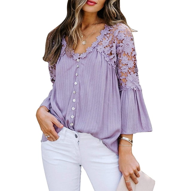 Qarigey Camisa de mujer Blusa de encaje con cuello en V Camisa de color sólido V Botón de manga larga Top Prendas para la parte del cuerpo Violeta M