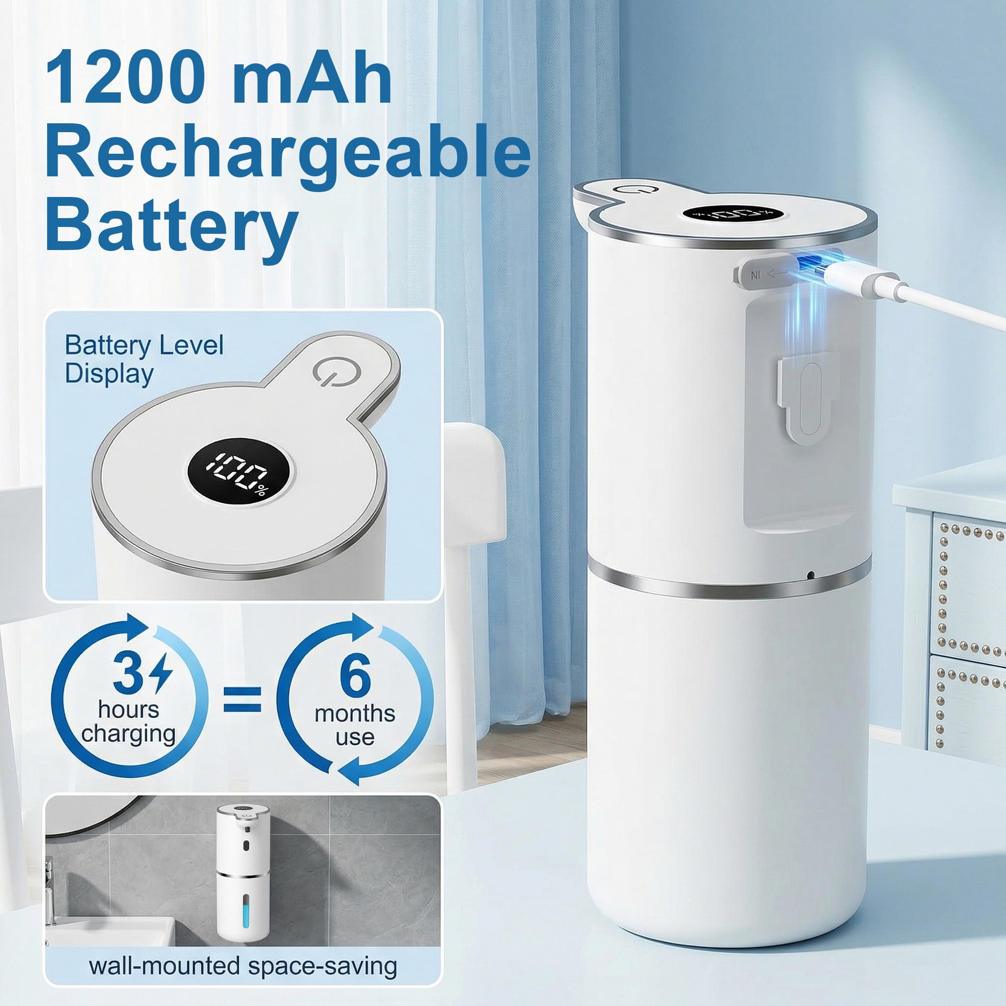 KOYMISKU Automatic Soap Dispenser, 13.5oz/400mL Touchless Wall Mounted USB Rechargeable, 6-Level Adjustable Smart Hand Soap Dispenser for Bathroom Kitchen
