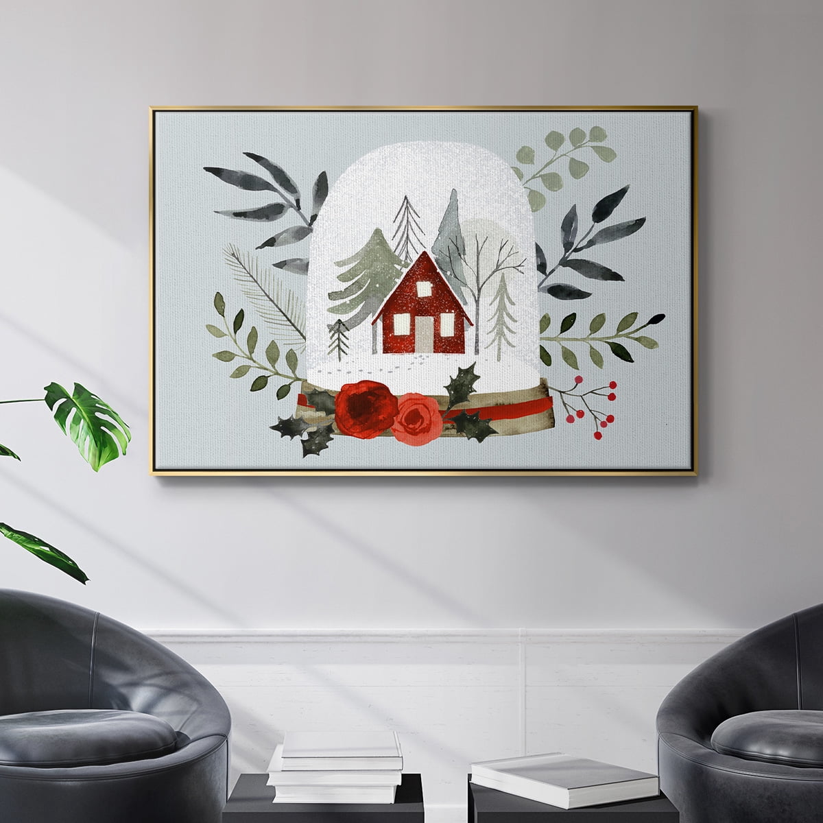 Snow Globe Village Collection A - Framed Gallery Wrapped Holiday Canvas - 17 x 25 - Gold Frame