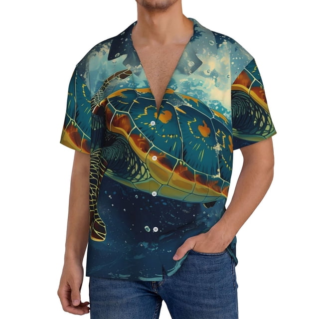 Fotbe Surfing Turtle Camisa Estampada de Manga Corta para Hombre, Casual de Verano, Estilo Playero, Sin Arrugas-X-Large
