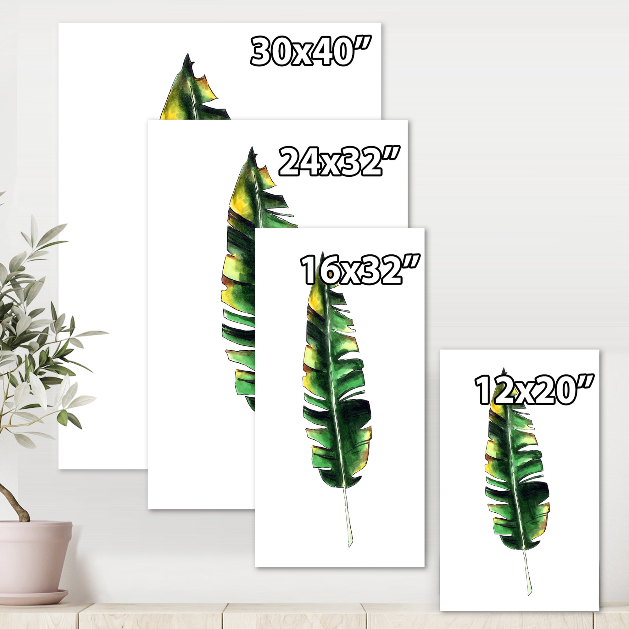 Designart ' Single Banana Leaf On White ' Bohemian & Eclectic Canvas Wall Art Print