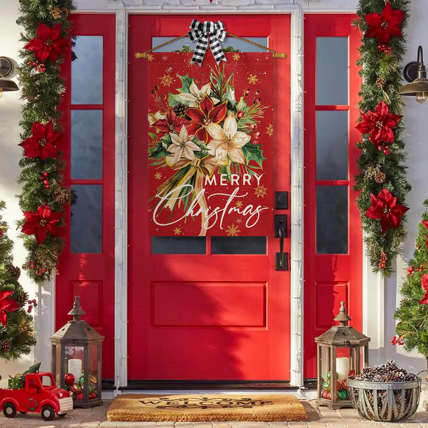 Lanola Floral Merry Christmas House Flag 28x40 Inch Double Sided Outside, Christmas Flowers Winter Holiday Yard Outdoor Decorative Flag