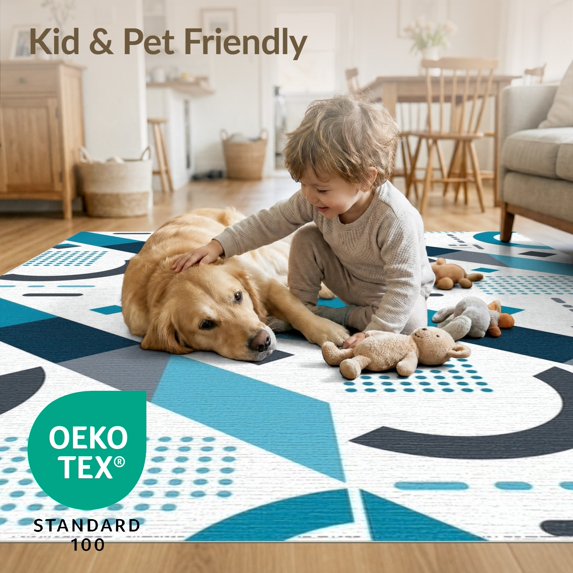 ODIKA 6'x9' Teal Gray Modern Geometric Abstract Washable Area Rug Bold Diagonal Shapes With Dotted Accents Non-Slip, Easy Care, for Family Room, Living Mater Bedroom