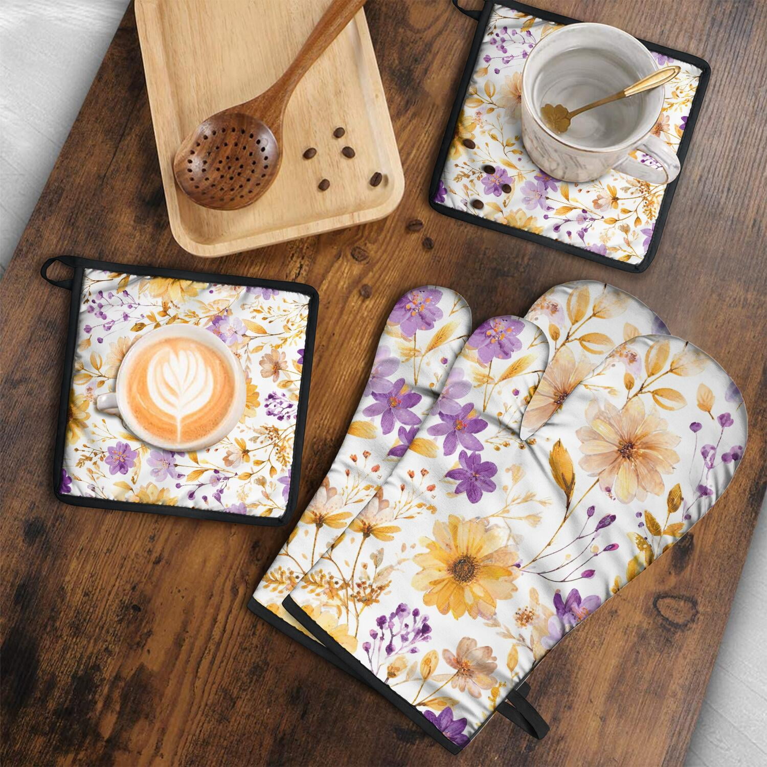 Floral Pattern Oven Mitts and Pot Holders Set Of 4, Heat Resistant Kitchen Gloves with Non-Slip Grip, Hanging Loop, Soft Cotton Lining for Baking, Cooking, Grilling, Barbecue
