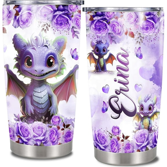 Personalized Dragon Tumbler With Lid Customized Name Dragons Thermal Mug Stainless Steel 20oz Insulated Coffee Cups Water Bottle Dragon Gifts for Women Mom Birthday