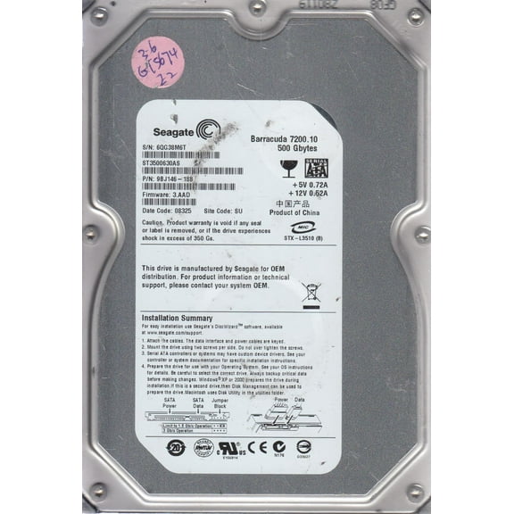 ST3500630AS, 6QG, SU, PN 9BJ146-188, FW 3.AAD, Seagate 500GB SATA 3.5 Hard Drive