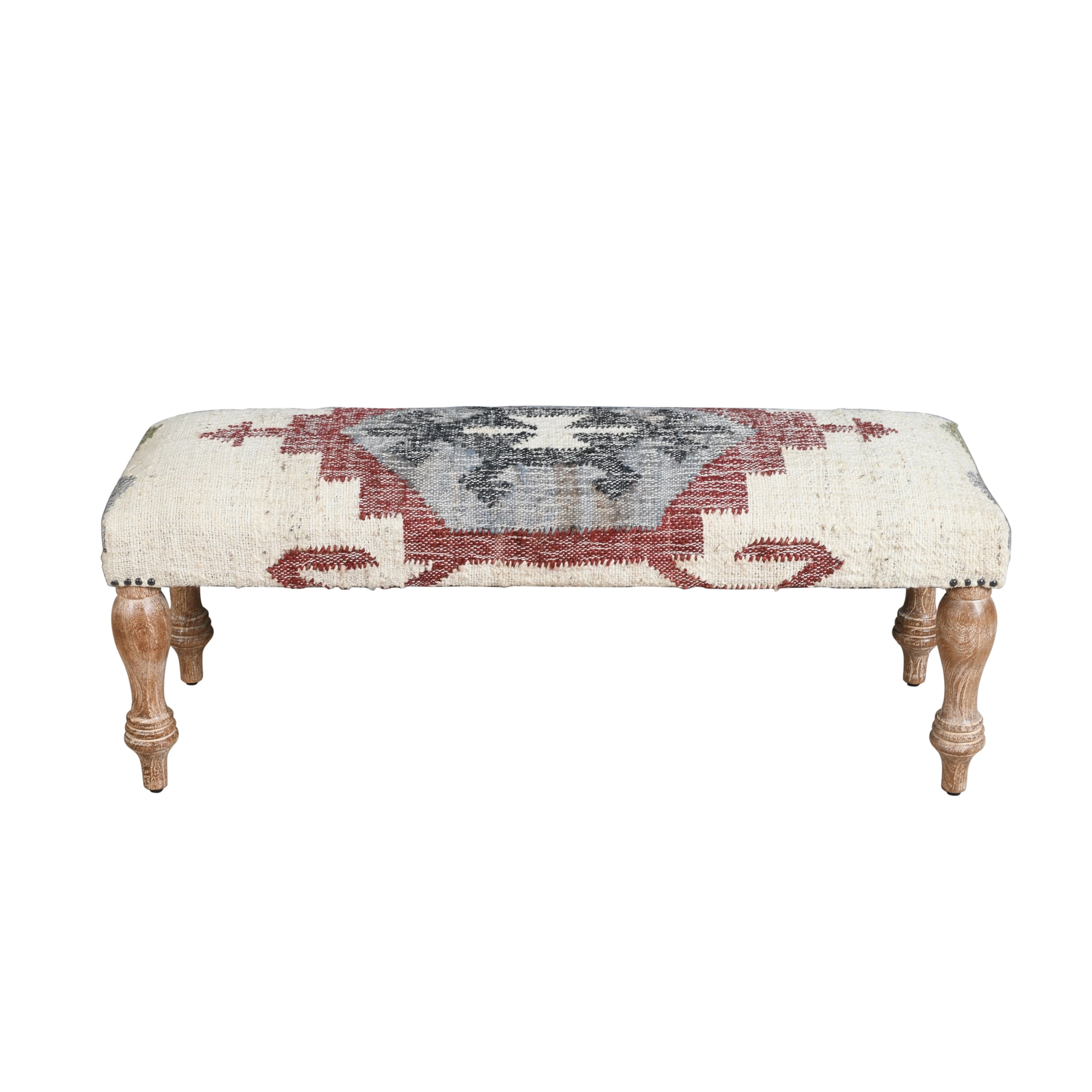 Ox Bay Hadley 47" Upholstered Indoor Accent Bench, Ivory/Red Kilim