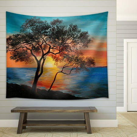 Decorations At Home wall26 - Oil Painting on Canvas - Tree Near The Lake at Sunset, Wallpaper; Decoration - Fabric Wall Tapestry Home Decor - 68x80 inches ()
