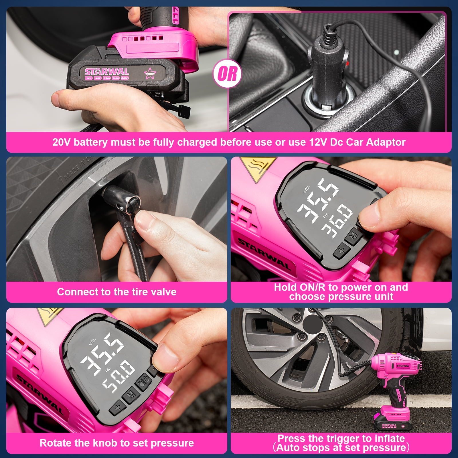 Starwal 20V Cordless Tire Inflator, Portable Air Compressor with Rechargeable Battery, 150 PSI Air Pump with 12V Car Adapter & Digital Gauge for Car, Motorcycle, Bike