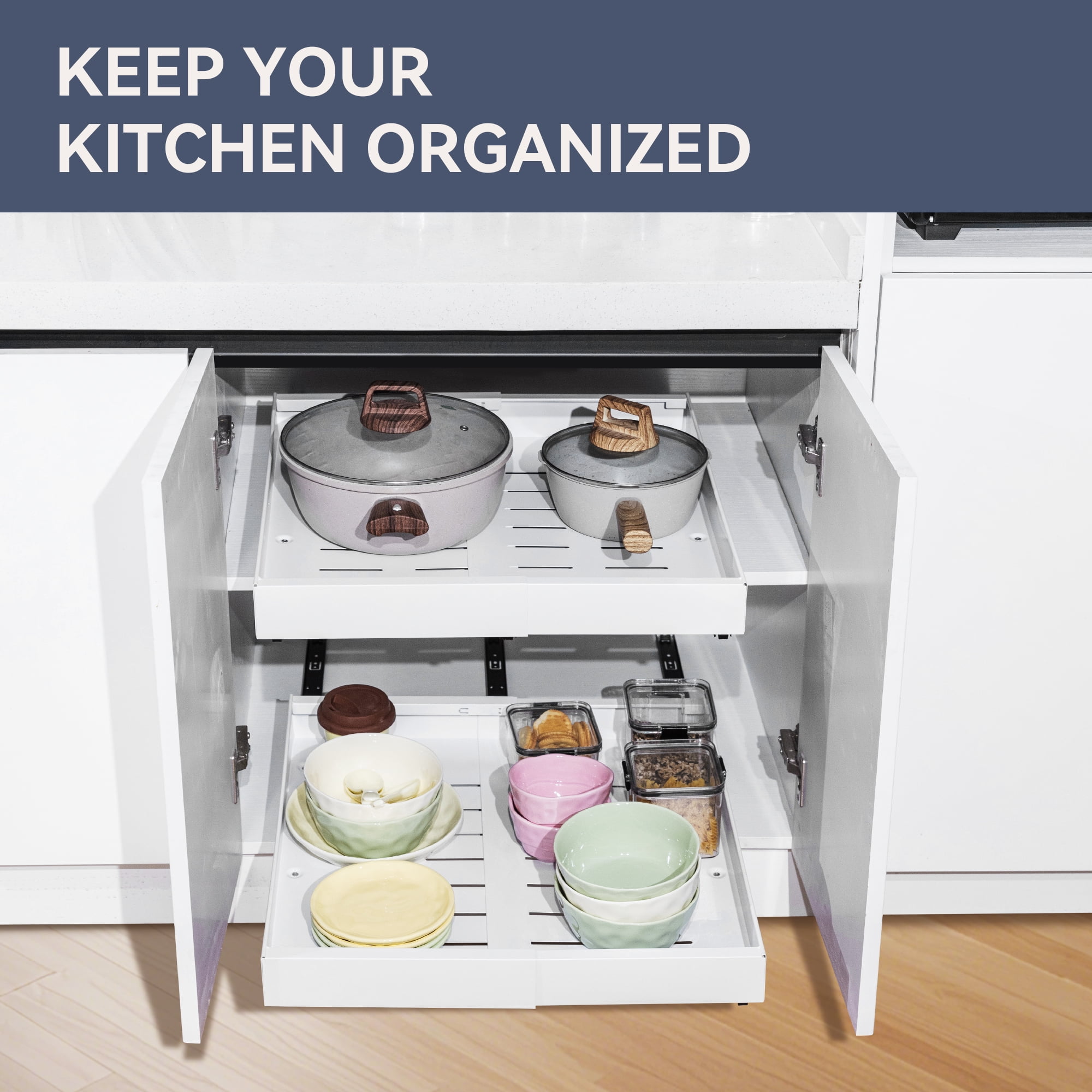 Pull out Cabinet Organizer, Adjustable Width 12.2"-20.1" Expandable Slide out Drawers Storage Rack, Pull-out Shelf Storage for Kitchen Pantry Bathroom Organization (White)