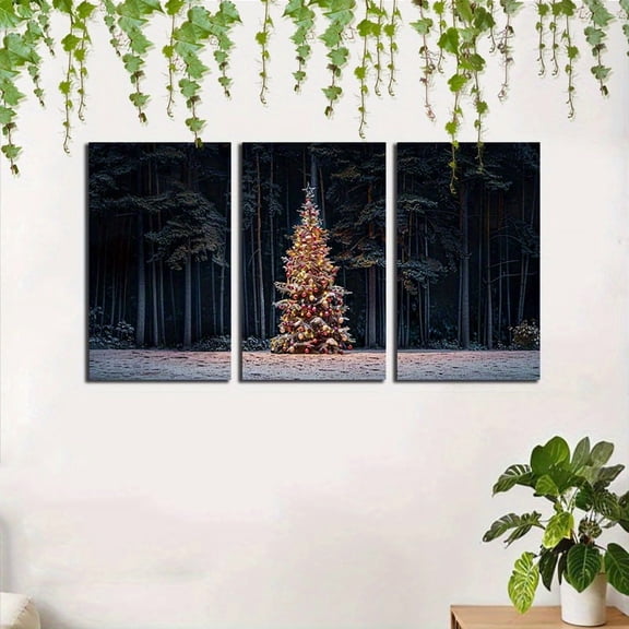Three-Piece Frameless Christmas Tree in Forest Canvas Wall Art Set - Unframed Triptych Decorative Paintings, Suitable for Bedroom and Living Room