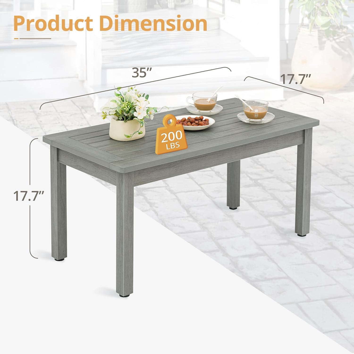 LUE BONA Outdoor Coffee Table Rectangle, HDPS Patio Tables for Outside, 17.7"x 35"x17.7", Light Gray