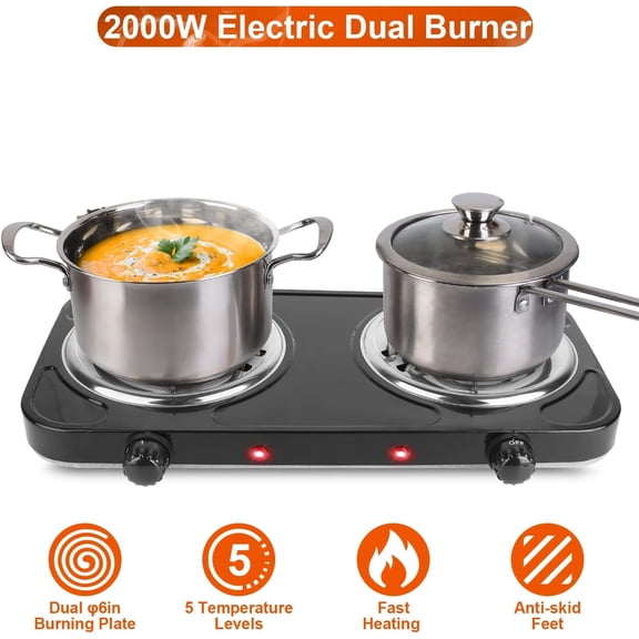 2000W Electric Double Burner Coil Stove - Portable Hot Plate Electric for Cooking, Countertop RV Hotplate with Non-Slip Rubber Feet and 5 Temperature Adjustments