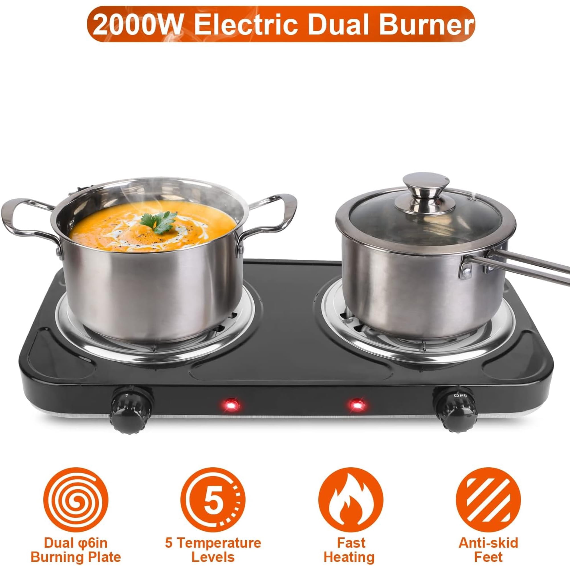 2000W Electric Double Burner Coil Stove - Portable Hot Plate Electric for Cooking, Countertop RV Hotplate with Non-Slip Rubber Feet and 5 Temperature Adjustments