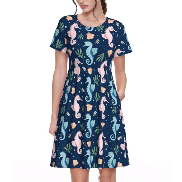 Balery Seahorses And Plants Vestidos sueltos de manga corta para mujer, vestidos de verano 2025, vestidos casuales de corte A con vuelo.