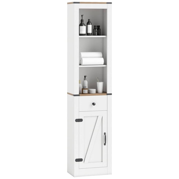 68” Tall Bathroom Cabinet with Barn Door, Narrow Slim Storage Organizer Unit with Drawer & Adjustable Shelf, Rustic Farmhouse Floor Cabinet for Laundry Room, Living Room, Kitchen