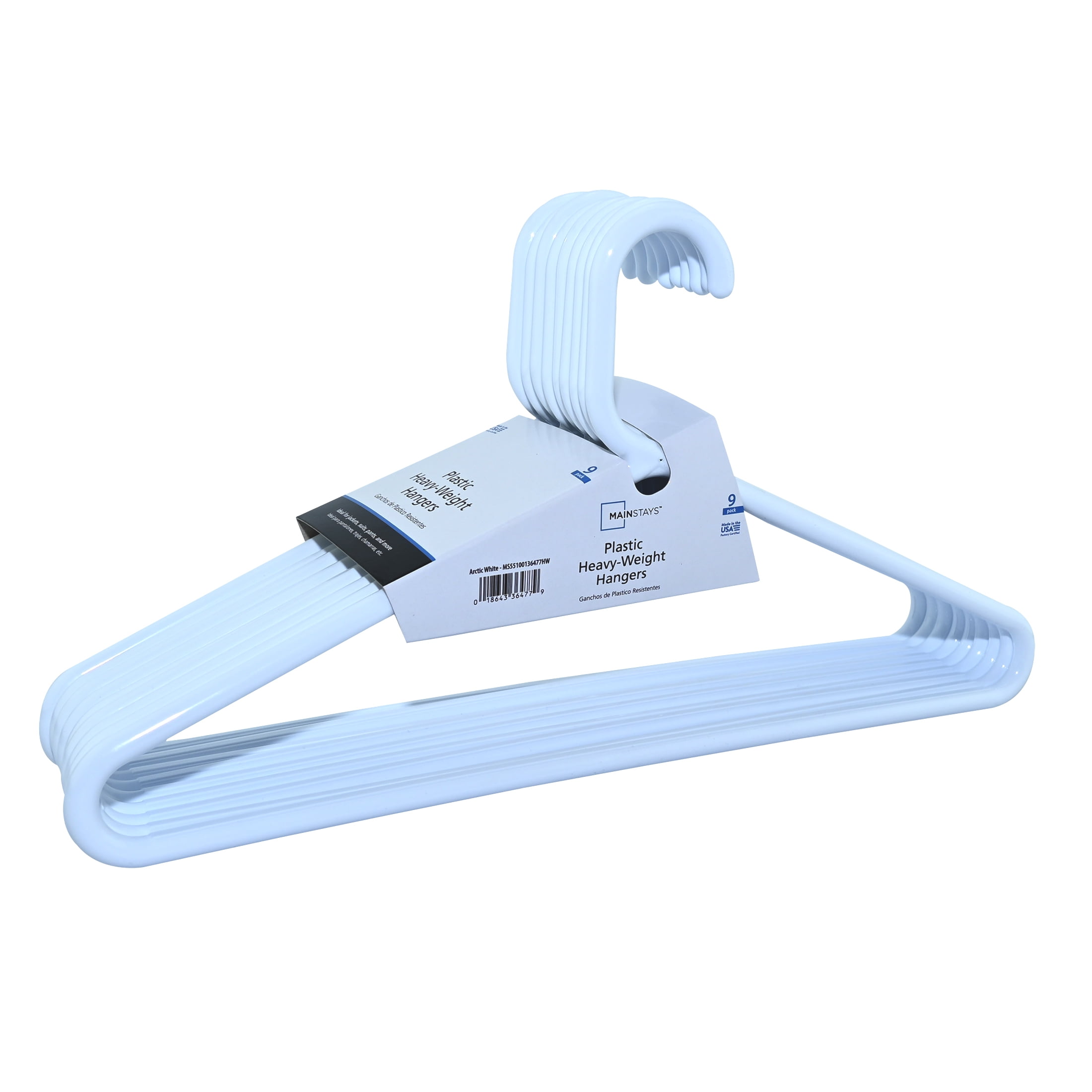 (5 pack) Mainstays Heavyweight Plastic Clothes Hangers, White, 9 Count, Strong Support for Coats & Suits