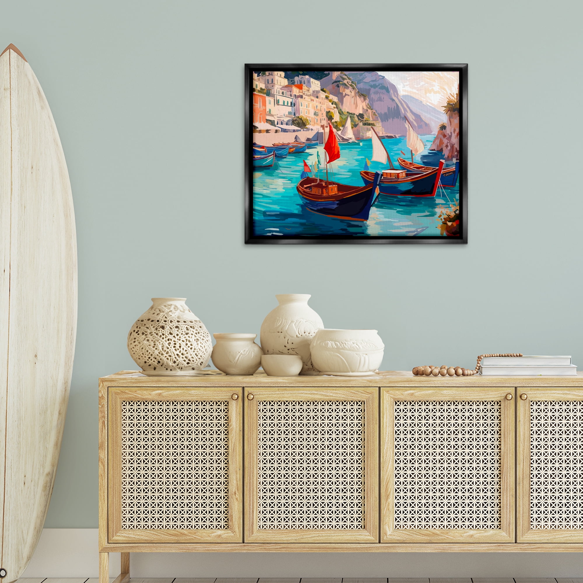 Stupell Industries Capri Boat Marina View Nautical & Beach Painting Black Floater Framed Canvas Art Print Wall Art, 31 x 25