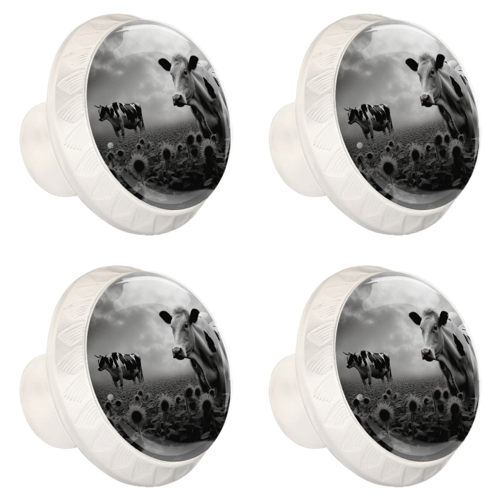 4 Pcs Cow and Sunflower Knobs for Kitchen Cabinet Cupboard Dresser Bookcase Drawer Pulls Handles Round Home Decor