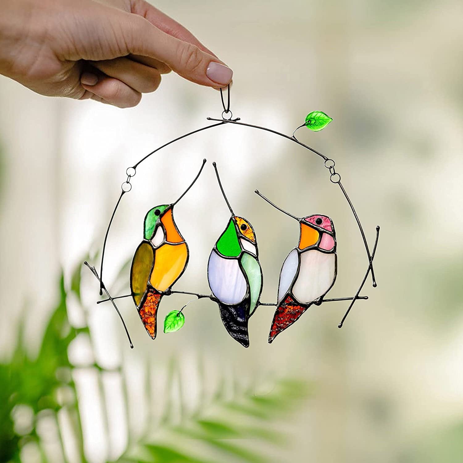 Bird Series Ornaments Pendant Home Decoration for Bird Lover Multicolor Birds On A Wire High Stained Glass Suncatcher Window Panel Birds Stained Glass Window Hangings 7 Birds 