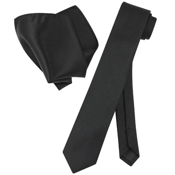 Vesuvio Napoli BLACK Skinny 2.5" NeckTie Handkerchief Mens Narrow Neck Tie Set