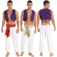 thumbnail image 1 of Disfraz de Halloween para hombre, príncipe mítico Aladino, traje de fiesta de carnaval, chaleco con ribete de lentejuelas y pantalones con cinturón, M, negro B, 1 of 5