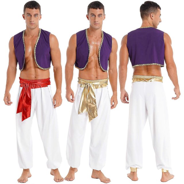 Disfraz de Halloween para hombre, príncipe mítico Aladino, traje de fiesta de carnaval, chaleco con ribete de lentejuelas y pantalones con cinturón, M, negro B