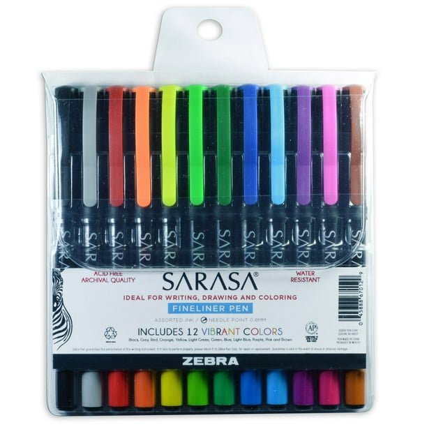Zebra Pen Sarasa Fineliner pen, 0.8mm, assorted ink colors, 12pack