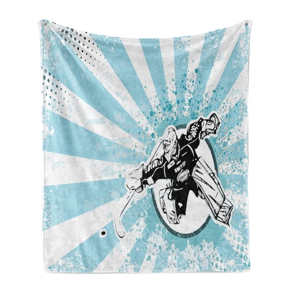 Hockey Soft Flannel Fleece Throw Blanket, Grungy Retro Style Halftone Background a Goaltender in Circle, Cozy Plush for Indoor and Outdoor Use, 60" x 80", Pale Blue Black White, by Ambesonne