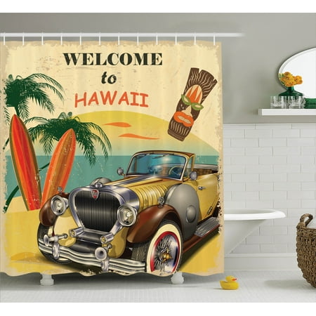 - 1960S Decor Shower Curtain Set, Welcome To Hawaii Retro American Pop Art Print With Aged Car Palms Tribal Mask And Surfboards, Bathroom Accessories, 69W X 70L Inches, By Ambesonne
