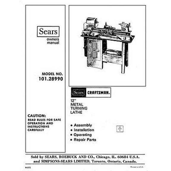 Instruction Manual ONLY for Craftsman 101.28990 12 metal lathe owners manual Instructions REPRINT