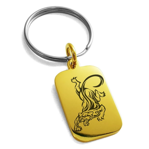 Stainless Steel Striking Tiger Engraved Small Rectangle Dog Tag Charm Keychain Keyring