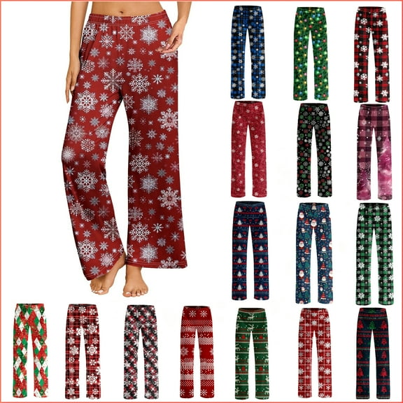 Axiiglly Pajama Pants for Women Plus Size Christmas Printed Elastic Waist Sleep Pants Casual Loose Long Straight Sleepwear with Pockets S-5XL