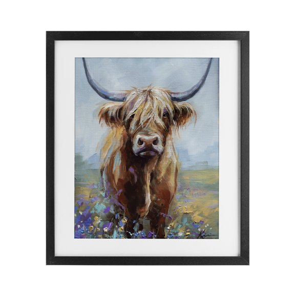 Stupell Industries Cottage Highland Cow with Daubed Flowers Black Framed Print Under Glass, 13 x 16, by Lindsay Kivi Fine Art