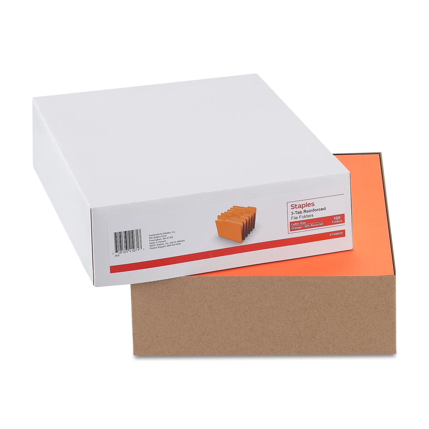 Staples Colored File Folders w/ Reinforced Tabs Letter 3 Tab Orange 100/BX TR508929