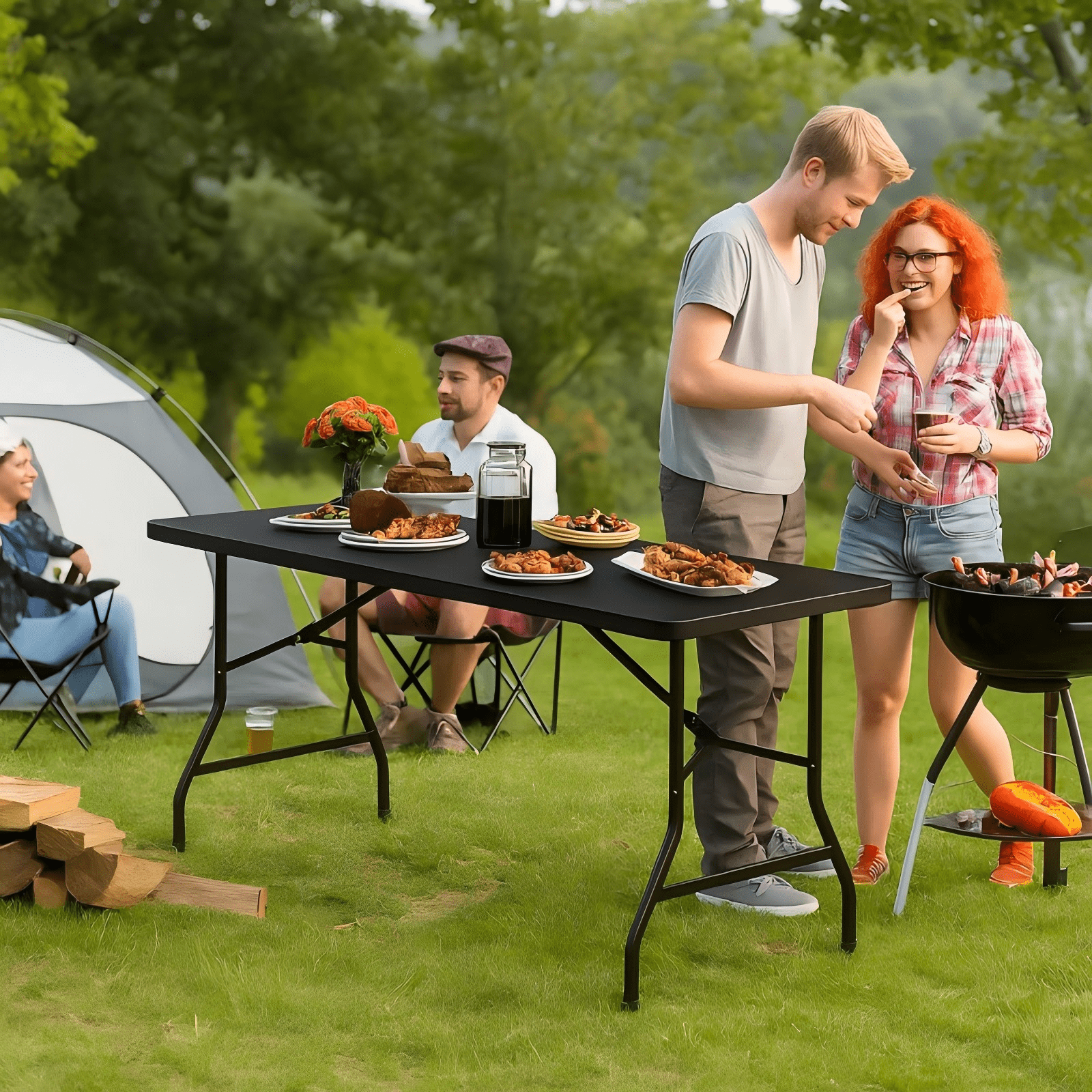 HONGGE 5 ft Folding Table with Carry Handle Plastic Foldable Table for Indoor Outdoor Use, Picnics, Parties, BBQs - Black