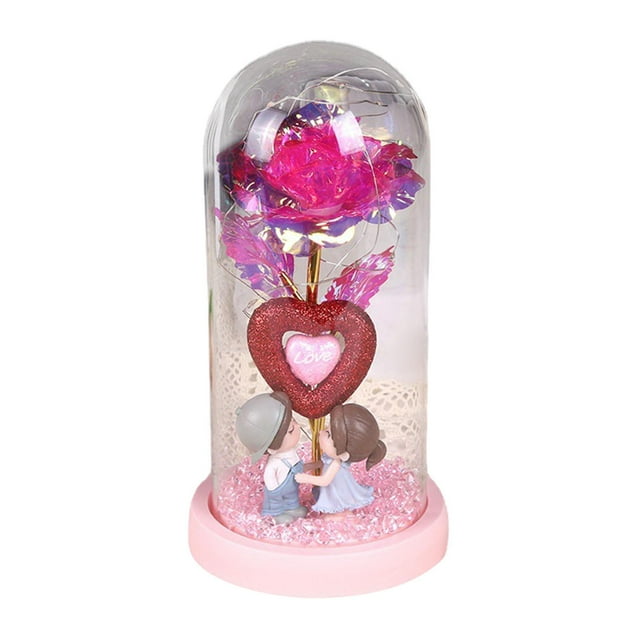 Regalos de San Valentín: Rosa en cúpula de cristal con luces, lámpara de mesa, decoración de San Valentín base rosa