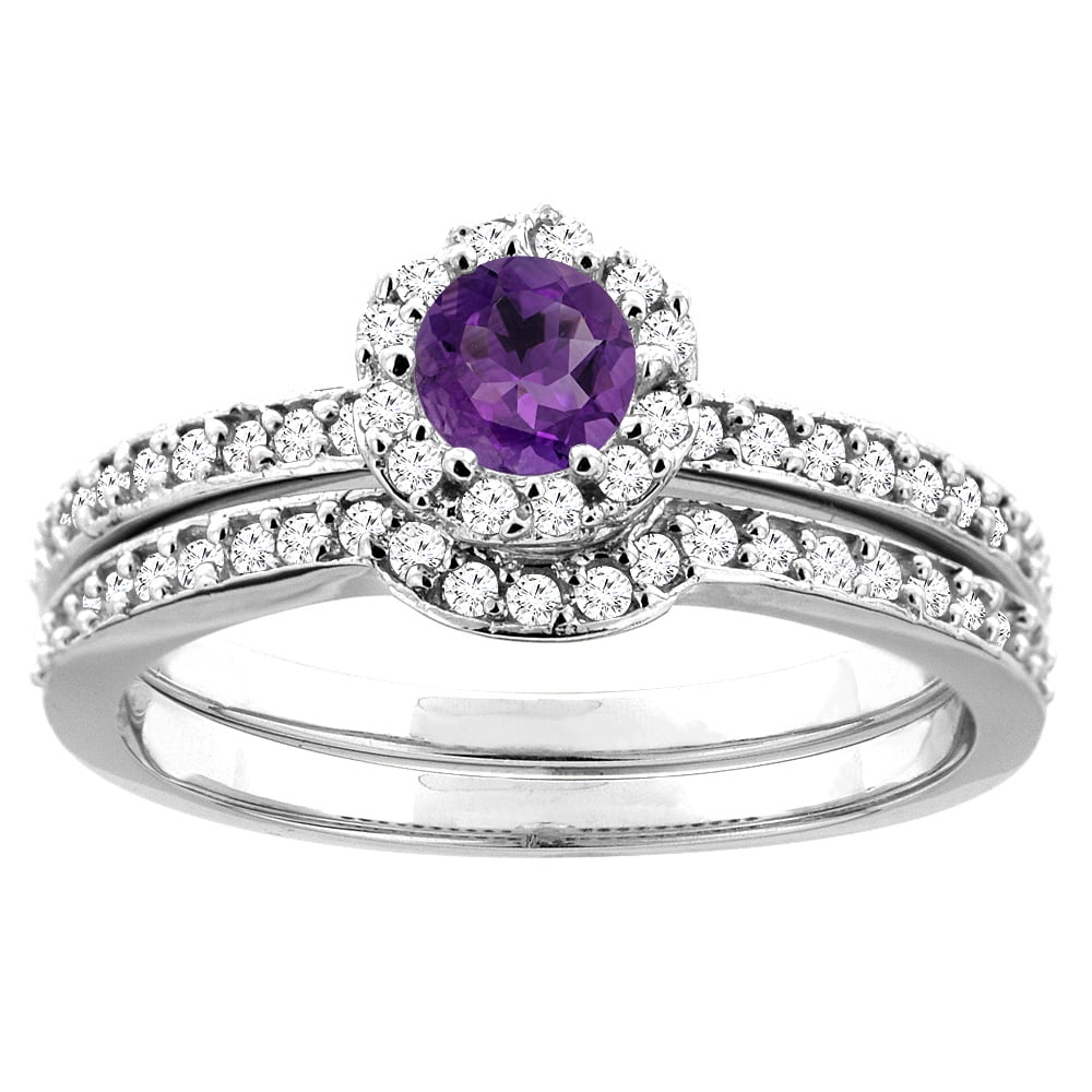 14K White Gold Natural Amethyst 2-pc Bridal Ring Set Diamond Accent Round 4mm, sizes 5 10 by WorldJewels