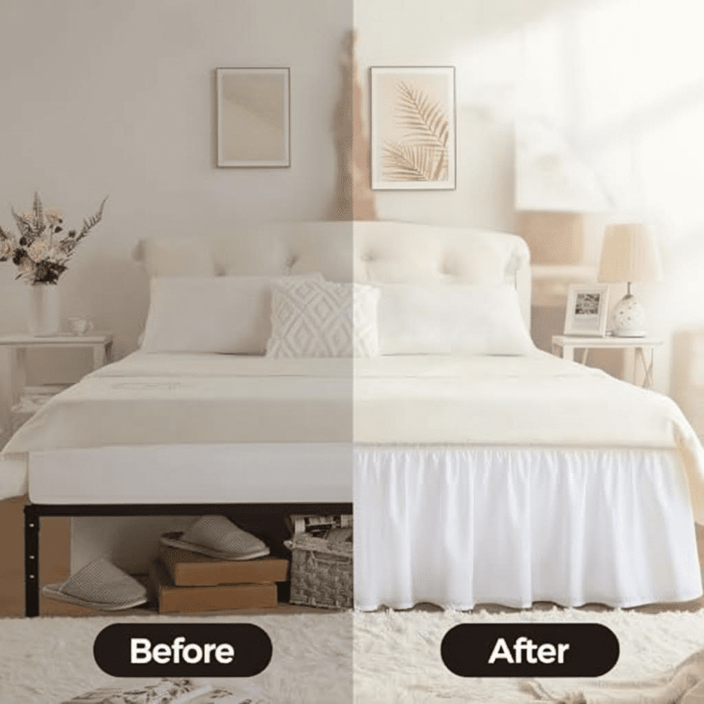 Queen Size 18-Inch Drop White Bed Skirt, Elastic Wrap-Around Dust Ruffle for Bed Frame, Lightweight Adjustable Bed Skirting Easy to Install