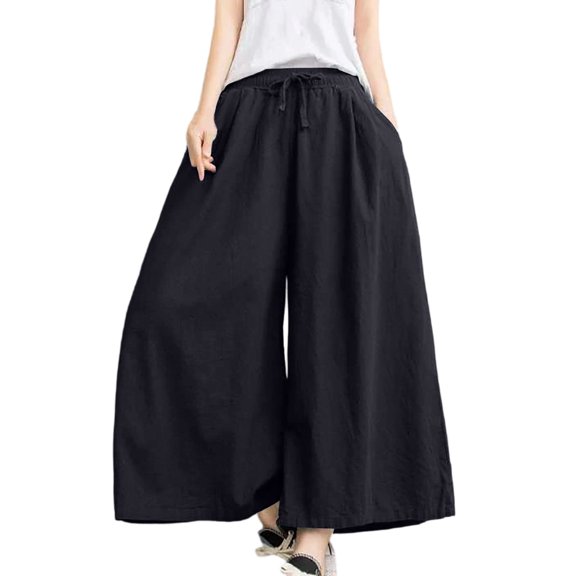 Wide Leg Pants for Womens - Drawstring High Elastic Waist Loose Trouses Beach Vacation Flowy Long Pantswith Pockets Free Size